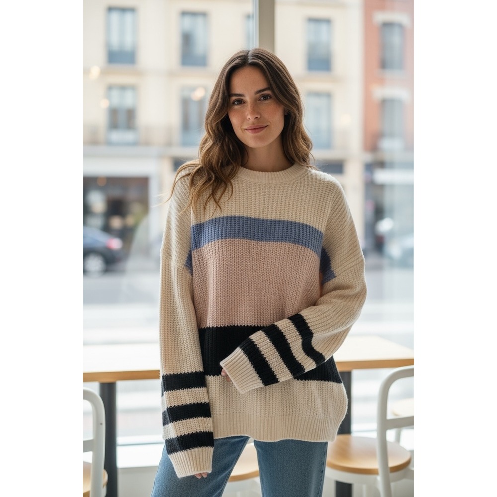 Sanctuary Colorblock Striped Knit Sweater Women's XS Crew Neck Pullover Comfy